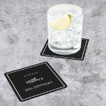 Posavasos Cuadrado De Papel Hombre negro minimalista de cumpleaños<br><div class="desc">Un fondo negro decorado con un marco blanco. Personalice y agregue una fecha,  nombre,  edad.</div>