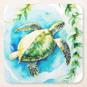 Posavasos Cuadrado De Papel Honu hawaiano con Plumeria y acuarela