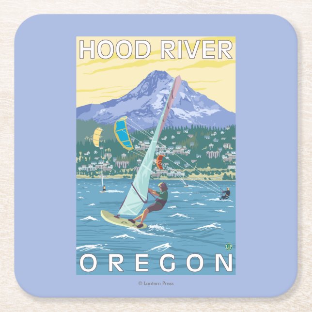 Posavasos Cuadrado De Papel Hood River, personas que practica surf de ORWind y (Anverso)