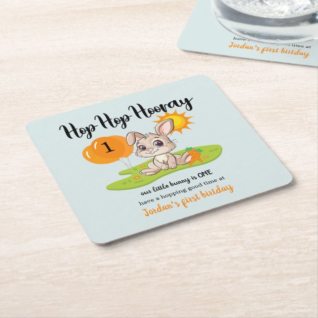 Posavasos Cuadrado De Papel Hop Hop Hooray Cute un conejo 1er cumpleaños (En perspectiva)