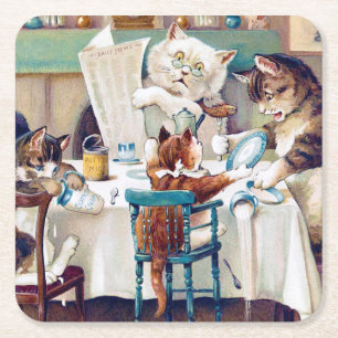 Posavasos Cuadrado De Papel Hora del desayuno del gato, Louis Wain