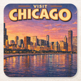 Posavasos Cuadrado De Papel horizonte de Chicago y lago Michigan al atardecer