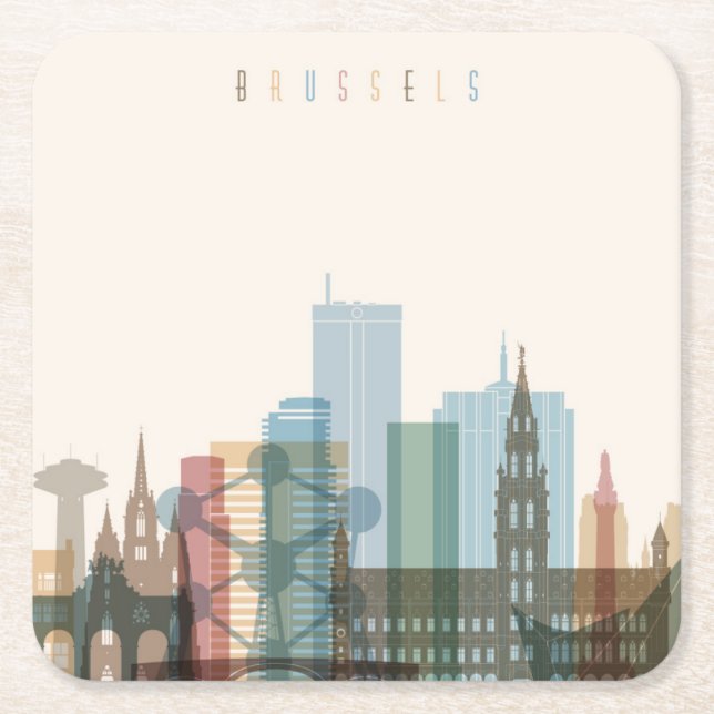 Posavasos Cuadrado De Papel Horizonte de la ciudad de Bruselas, Bélgica el | (Anverso)