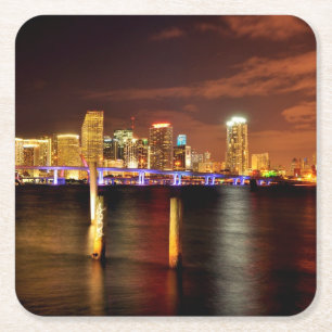 Posavasos Cuadrado De Papel Horizonte de Miami en la noche, la Florida