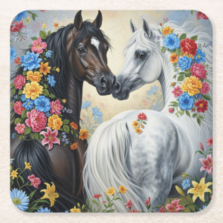Posavasos Cuadrado De Papel  Horses framed in flowers Coaster