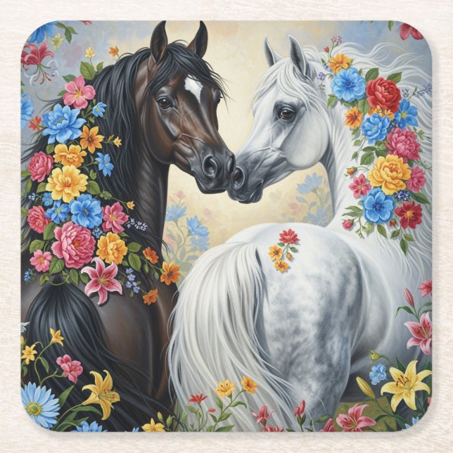 Posavasos Cuadrado De Papel  Horses framed in flowers Coaster (Anverso)