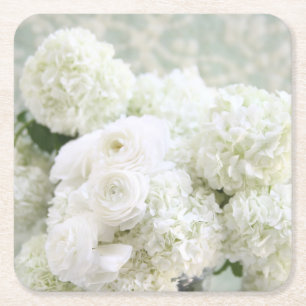 Posavasos Cuadrado De Papel Hortensias blancas y ranunculus