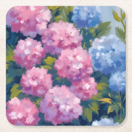 Posavasos Cuadrado De Papel Hortensias de Verano | Flores Costeras Rosadas y A