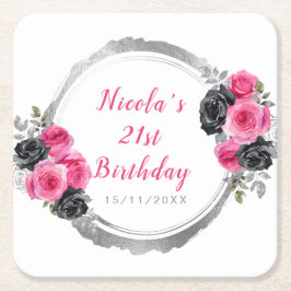 Posavasos Cuadrado De Papel Hot Pink and Silver Elegant Flowers Birthday Party