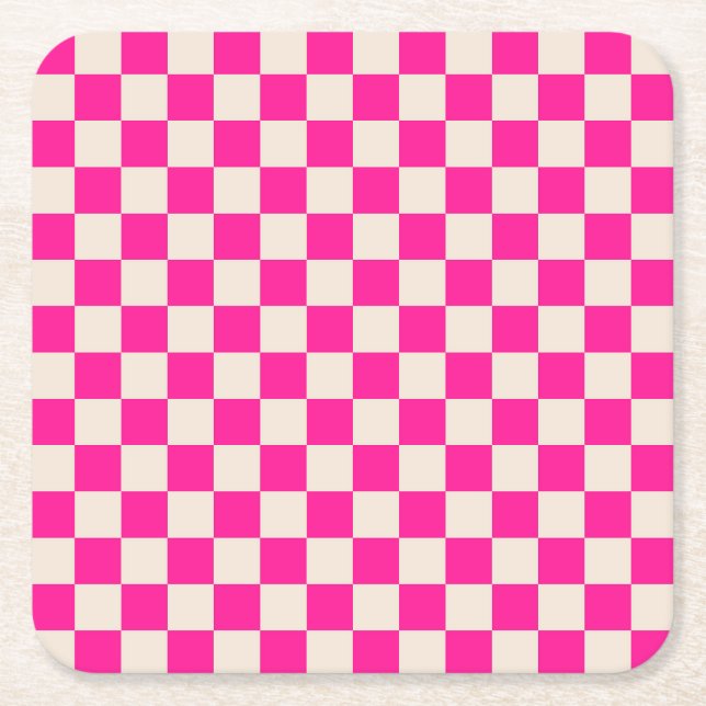Posavasos Cuadrado De Papel Hot pink and tan checkerboard pattern (Anverso)