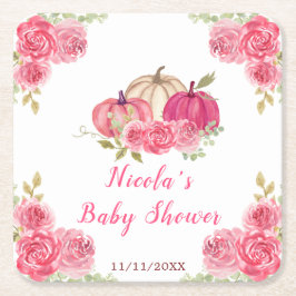 Posavasos Cuadrado De Papel Hot Pink Floral Pumpkins Baby Shower
