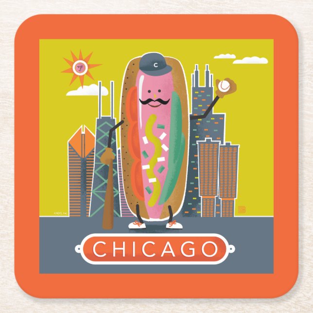 Posavasos Cuadrado De Papel Hotdog de Chicago (Anverso)