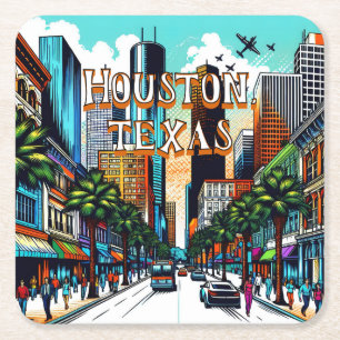 Posavasos Cuadrado De Papel Houston, Texas Downtown City View Resumen de Arte
