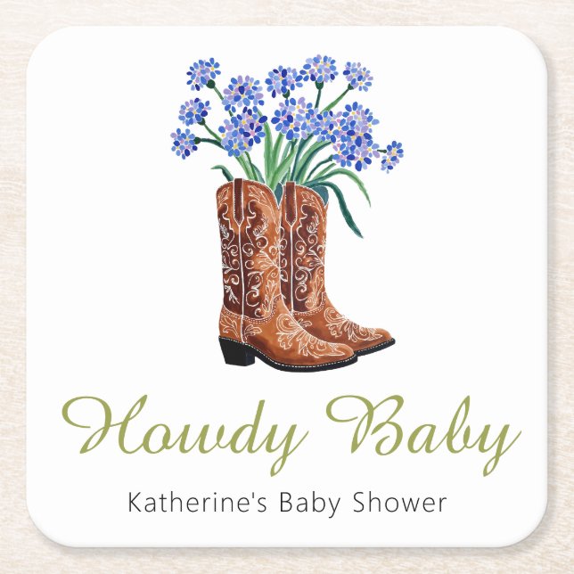 Posavasos Cuadrado De Papel Howdy Baby Bluebonnets Cowboy Baby Shower (Anverso)