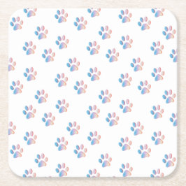 Posavasos Cuadrado De Papel Huellas de patas azules rosadas y amarillas con gr