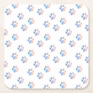 Posavasos Cuadrado De Papel Huellas de patas azules rosadas y amarillas con gr