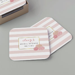 Posavasos Cuadrado De Papel Huellas rosadas de ducha de novias Peony y Rubor