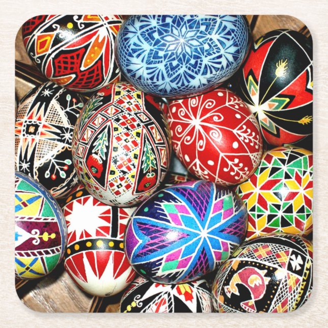 Posavasos Cuadrado De Papel Huevos de Pascua ucranianos, decorativos,  (Anverso)