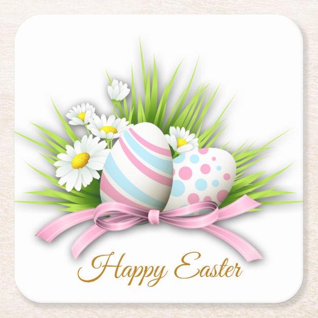 Posavasos Cuadrado De Papel Huevos de Pascua y margarita (Anverso)