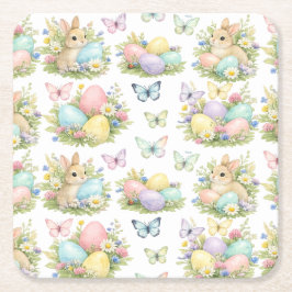 Posavasos Cuadrado De Papel Huevos y conejos de Pascua de pastel Flores y mari