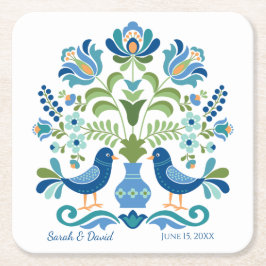 Posavasos Cuadrado De Papel Húngaro diseño montaña rusa de aves azules