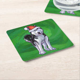 Posavasos Cuadrado De Papel Husky festivo en Santa Hat en Green