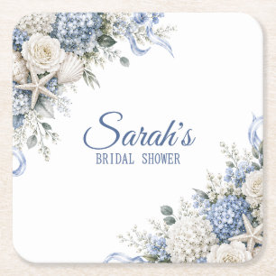 Posavasos Cuadrado De Papel Hydrangea Coastal Bridal Shower Personalizada
