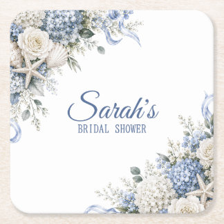 Posavasos Cuadrado De Papel Hydrangea Coastal Bridal Shower Personalizada