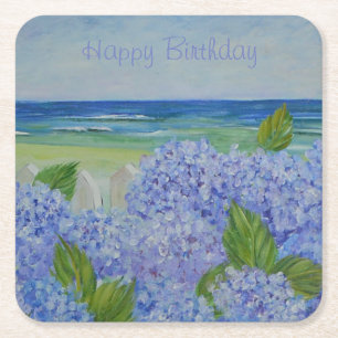 Posavasos Cuadrado De Papel Hydrangeas del feliz cumpleaños por el mar