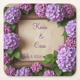 Posavasos Cuadrado De Papel Hydrangeas púrpura y rosa