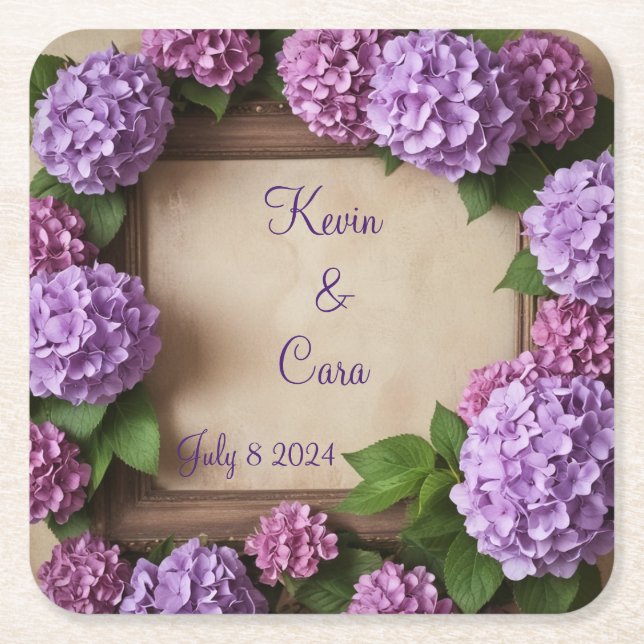 Posavasos Cuadrado De Papel Hydrangeas púrpura y rosa (Anverso)