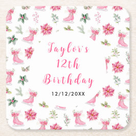 Posavasos Cuadrado De Papel Ice Skating Birthday Party Pink