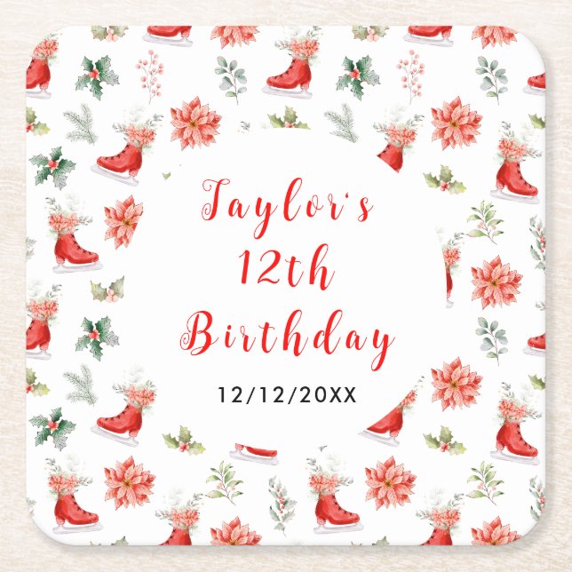 Posavasos Cuadrado De Papel Ice Skating Birthday Party Red (Anverso)