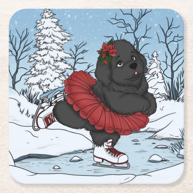Posavasos Cuadrado De Papel Iceskating Newfoundland Puppy Winonderland (Anverso)