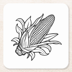 Posavasos Cuadrado De Papel Icono de mazorca de maíz negro y blanco con hojas