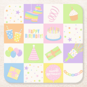 Posavasos Cuadrado De Papel Iconos de fiesta de cumpleaños de pastel divertido