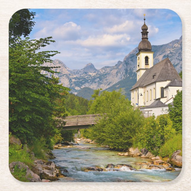 Posavasos Cuadrado De Papel Iglesia de montaña con paisaje arrollado (Anverso)