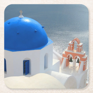 Posavasos Cuadrado De Papel Iglesia de Santorini en el Sol de la Tarde