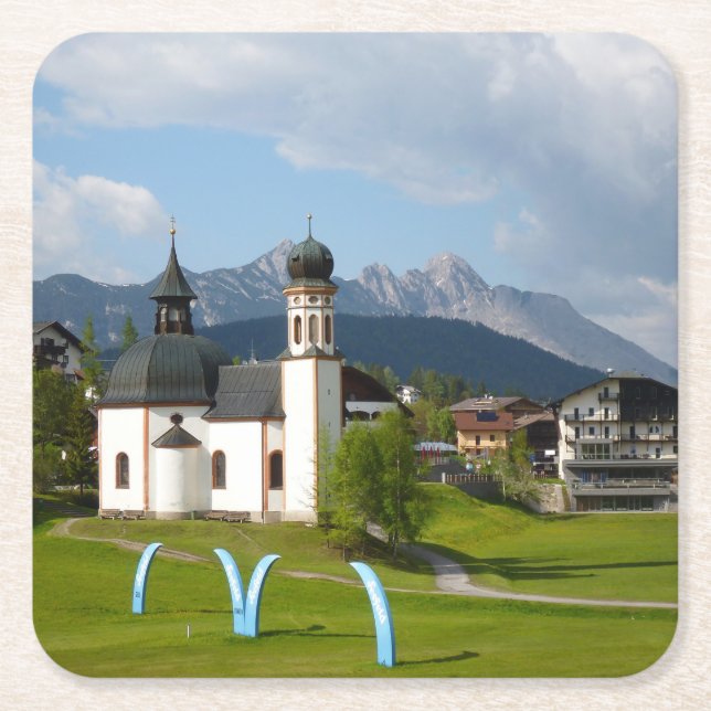 Posavasos Cuadrado De Papel Iglesia en Seefeld, práctico de costa de Austria (Anverso)