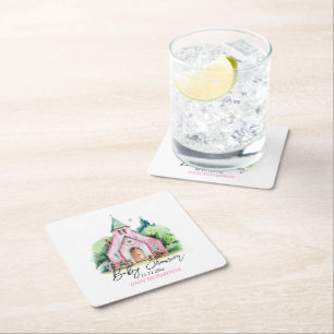 Posavasos Cuadrado De Papel Iglesia rosa acuarela floral ducha de bebé