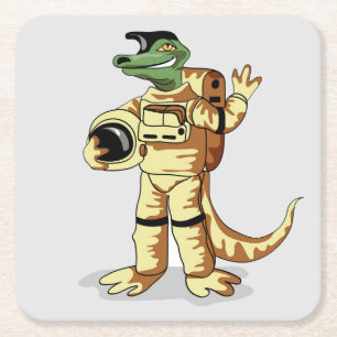 Posavasos Cuadrado De Papel Iguanodon Vestido En Un Espacio Cosmonauta.
