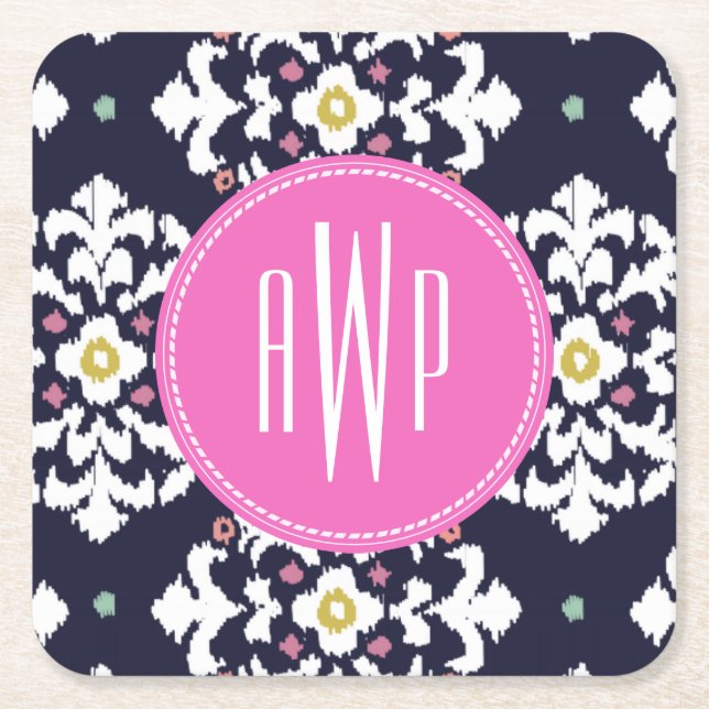 Posavasos Cuadrado De Papel Ikat + Monograma rosado (Anverso)