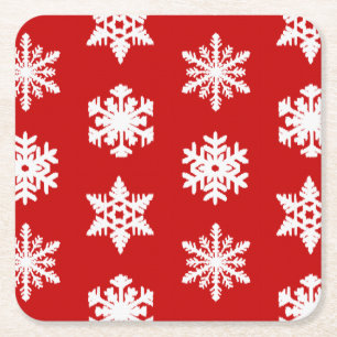 Posavasos Cuadrado De Papel Ikat Snowflakes - Rojo oscuro y blanco