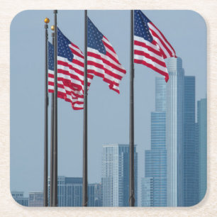 Posavasos Cuadrado De Papel Illinois, Chicago. Navy Pier, banderas de EE. UU.