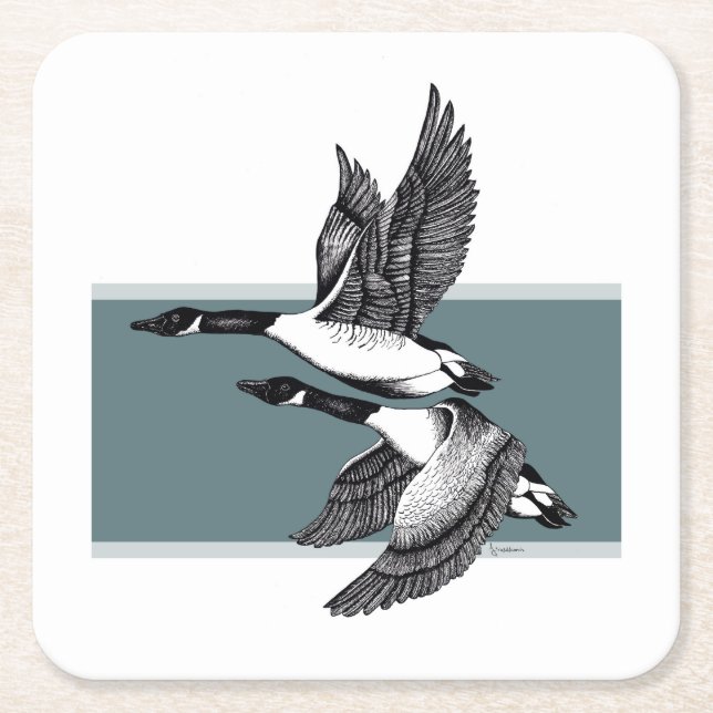 Posavasos Cuadrado De Papel Ilustracion blanco y negro de Canadá Geese (Anverso)