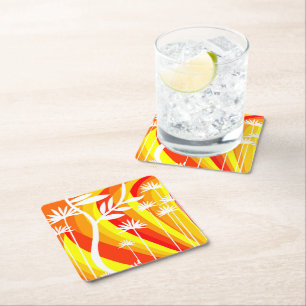 Posavasos Cuadrado De Papel Ilustracion Botánico Blanco y naranja