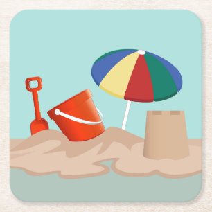 Posavasos Cuadrado De Papel Ilustracion Bucket and Spade Beach Scene