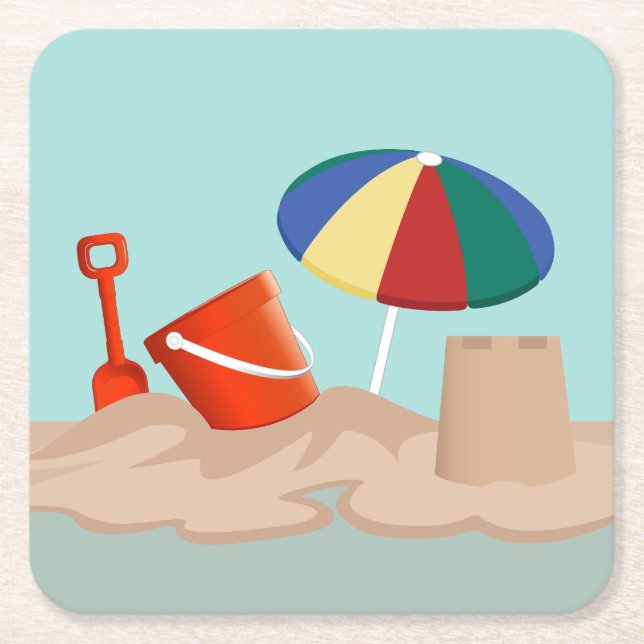 Posavasos Cuadrado De Papel Ilustracion Bucket and Spade Beach Scene (Anverso)