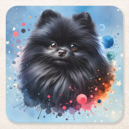 Posavasos Cuadrado De Papel Ilustracion de acuarela de pomerania negra