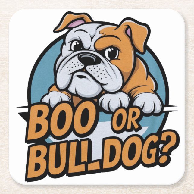 Posavasos Cuadrado De Papel Ilustracion de Bulldog lúdico: ¿Boo o Bulldog? Pop (Anverso)
